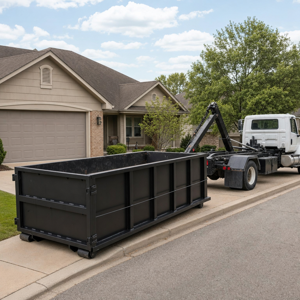 Wide documentary shot of a matte-black roll-off dumpster on a Greenville residential driveway in the foreground and a contractor jobsite container in the soft-focus background, bright daylight, calm and orderly composition.
